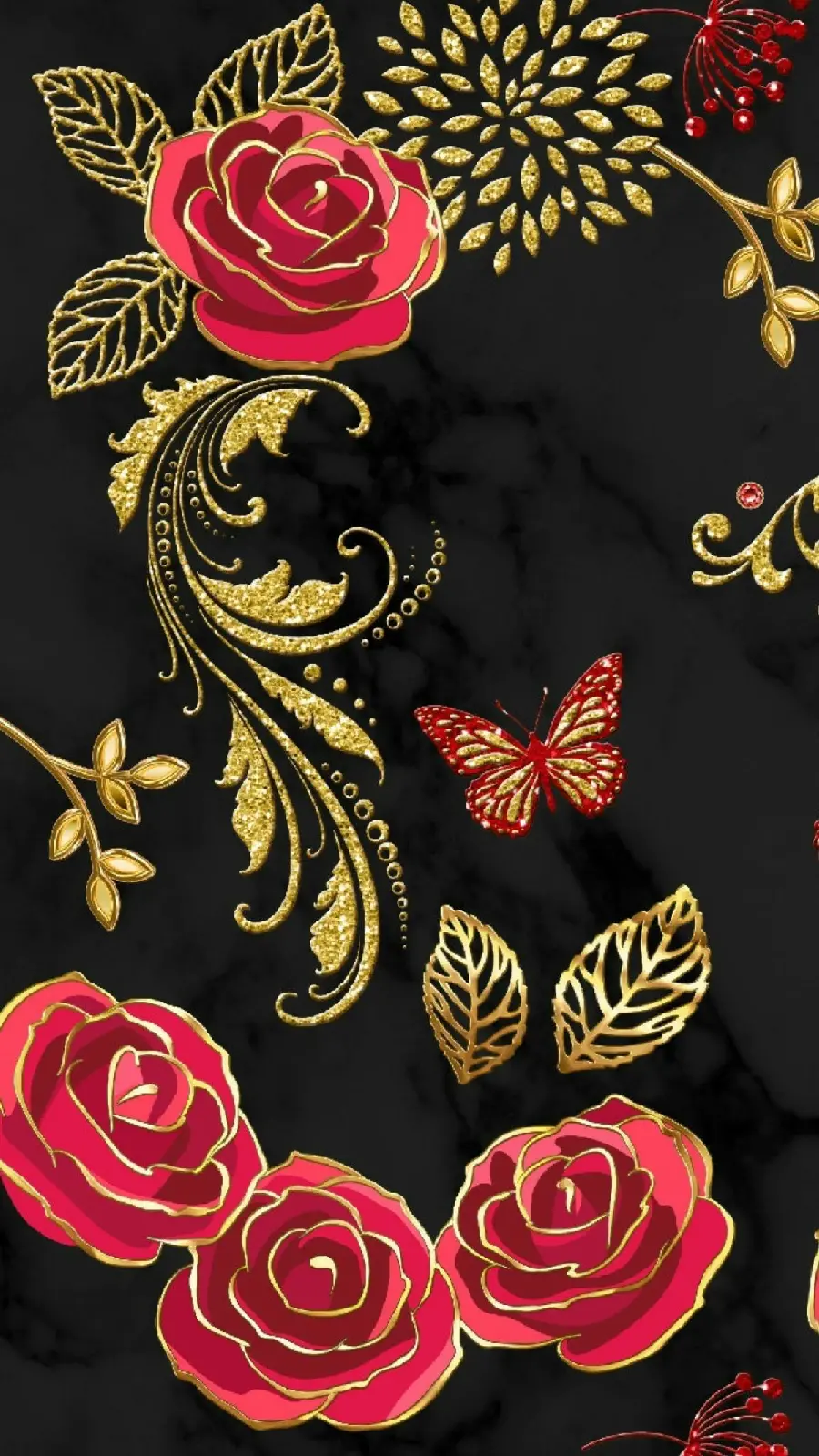 تصویر با زمینه مشکی و طرح گل رز و پروانه های قرمز برای آیفون 