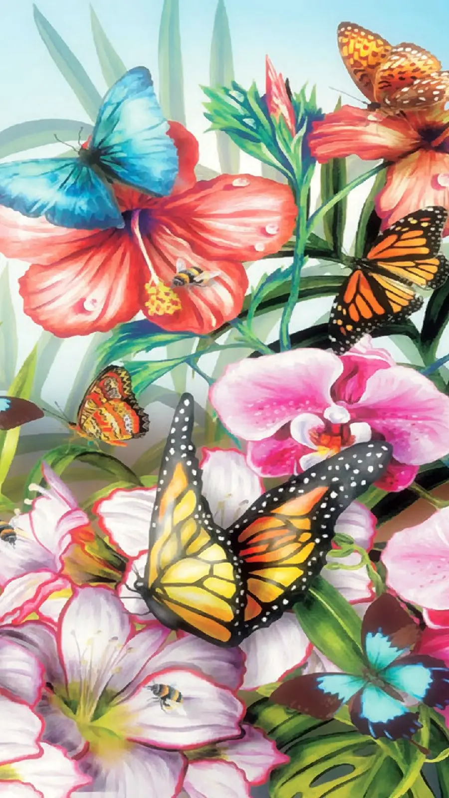 تصویر نقاشی پروانه و گل های رنگارنگ با کیفیت HD برای آیفون 