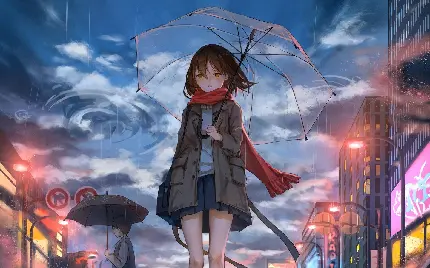 دانلود تصویر انیمە دختر رنجور شال قرمز بارانی پوش با چتر شفاف در باران انیمەای