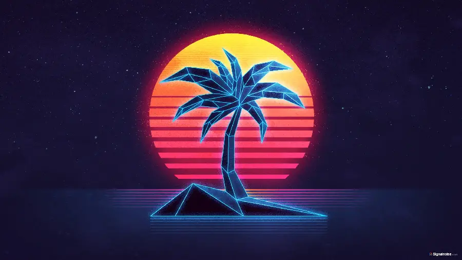 عکس درخت نخل و غروب آفتاب با استایل بازی retrowave