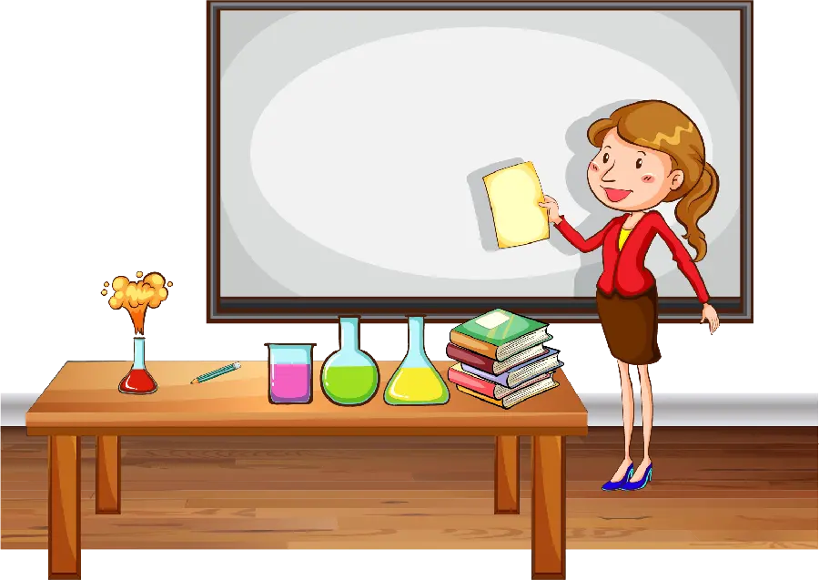 PNG کارتونی ساده و شیک خانم معلم با وسایل آموزشی پیشرفته