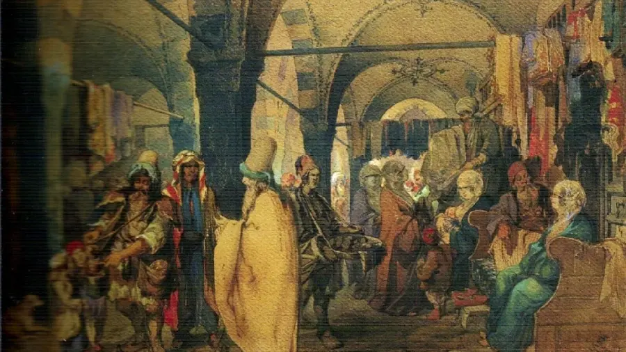 نقاشی اسلامی قدیمی از یک روز عادی در بازار سرپوشیده