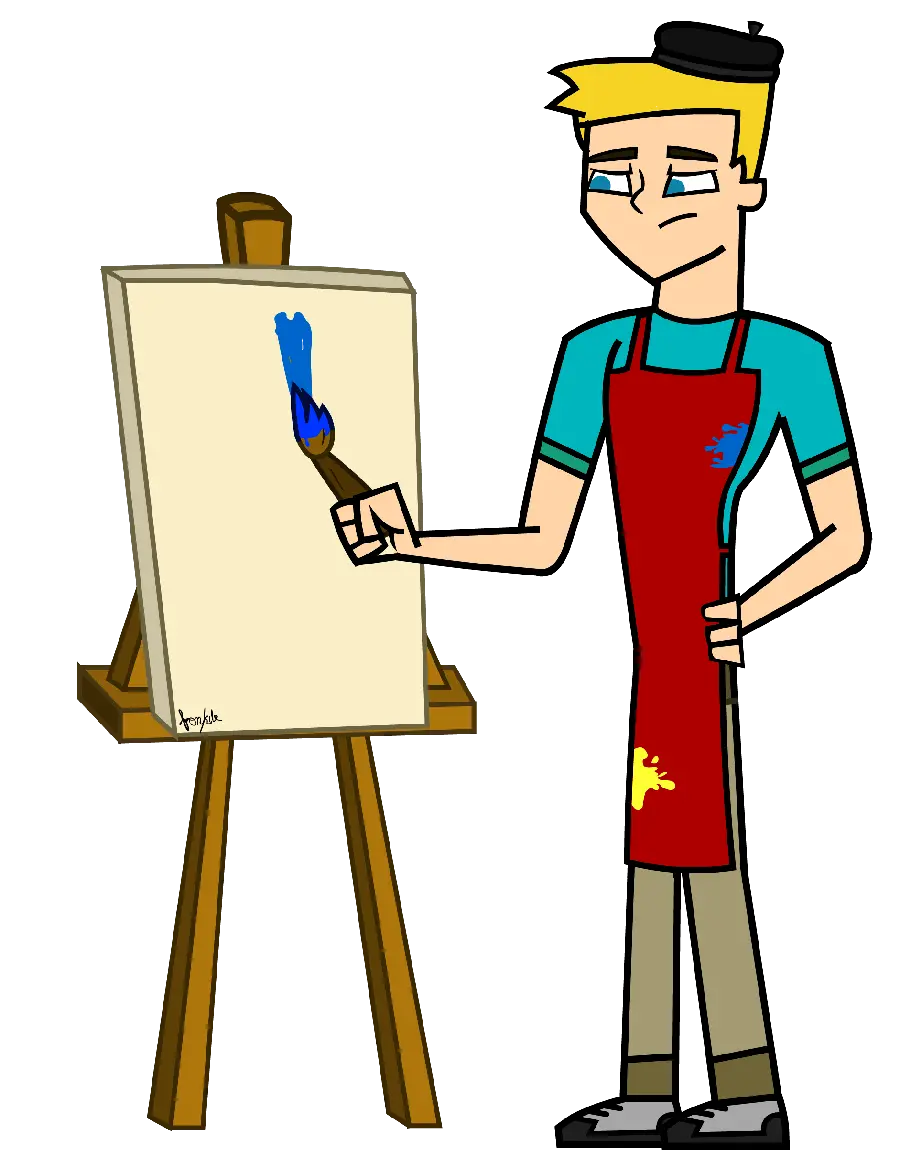 png عکس کارتونی پسر نقاش افسرده در حال کشیدن قلمو آبی روی تابلو