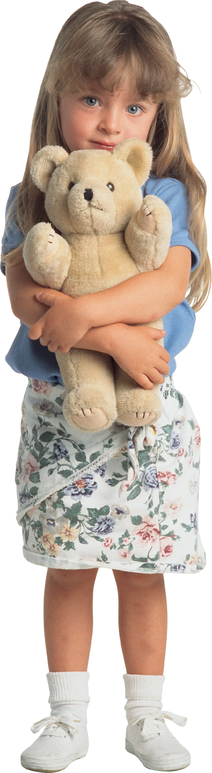 عکس خرس عروسکی بغل دختر بچه زیبا و مو طلایی در فرمت png