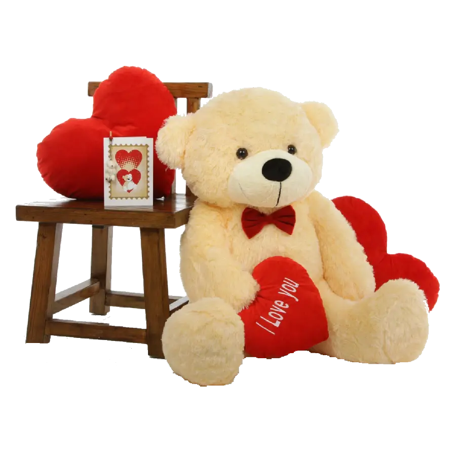 پی ان جی عکس خرس عروسکی و قلب های قرمز کنار صندلی چوبی