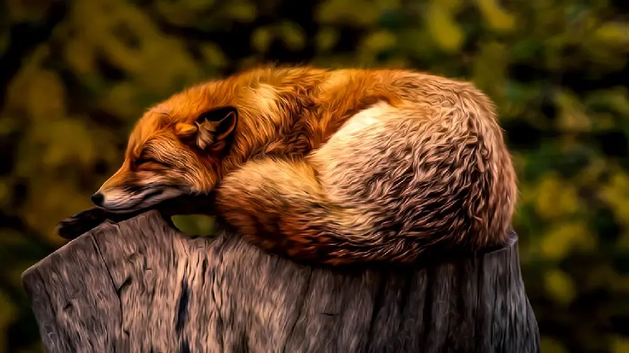 تصویر انیمیشن روباه سرخ آرمیده روی تنه ی خشک درخت