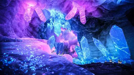عکس استوک غار کریستالی با رنگ های درخشان فانتزی