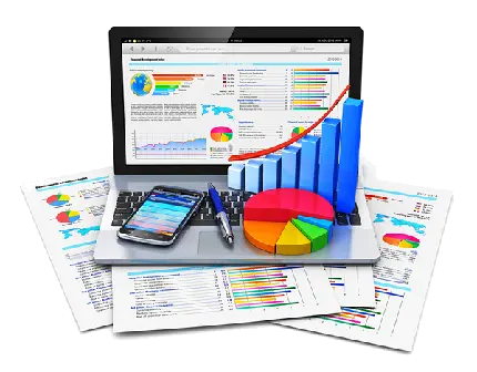 تصویر حسابداری و لپ تاپ روی اسناد مالی با فرمت PNG